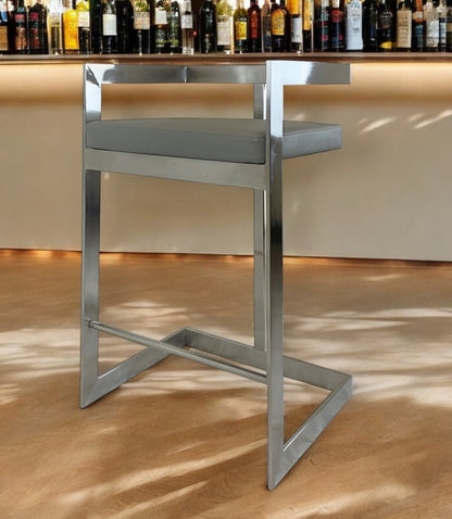 26" Gray And Silver Faux Leather And Metal Low Back Counter Height Bar Chair HomeRoots