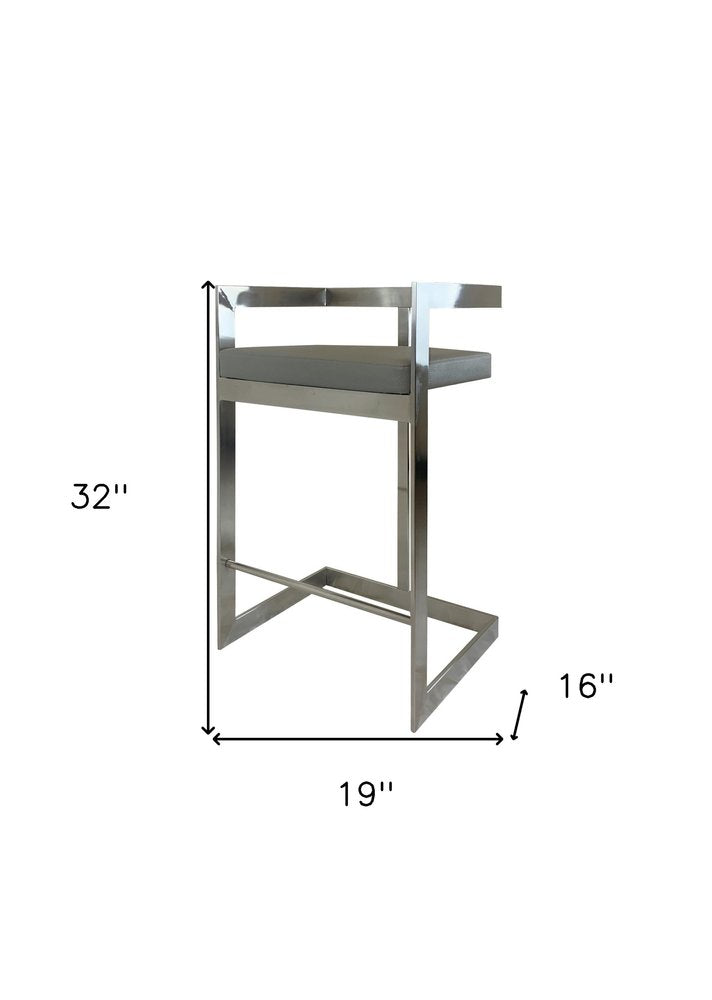 26" Gray And Silver Faux Leather And Metal Low Back Counter Height Bar Chair HomeRoots