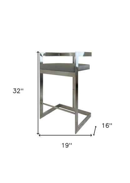 26" Gray And Silver Faux Leather And Metal Low Back Counter Height Bar Chair HomeRoots
