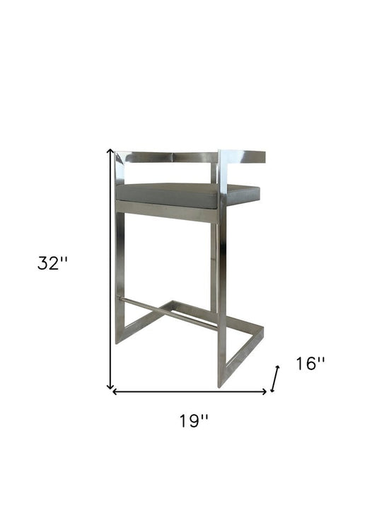 26" Gray And Silver Faux Leather And Metal Low Back Counter Height Bar Chair HomeRoots