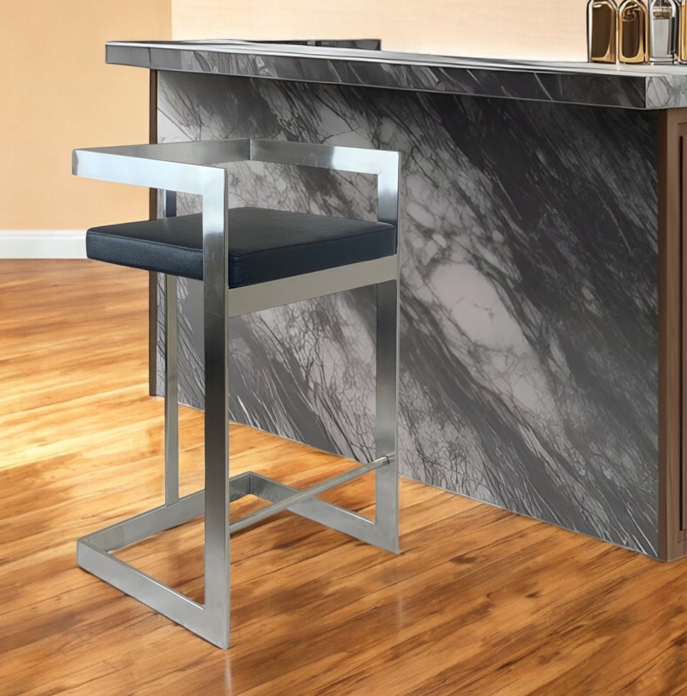 26" Black And Silver Faux Leather And Metal Low Back Counter Height Bar Chair HomeRoots
