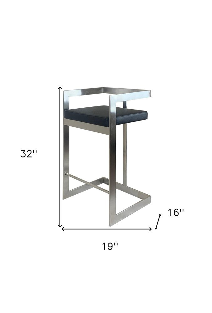 26" Black And Silver Faux Leather And Metal Low Back Counter Height Bar Chair HomeRoots