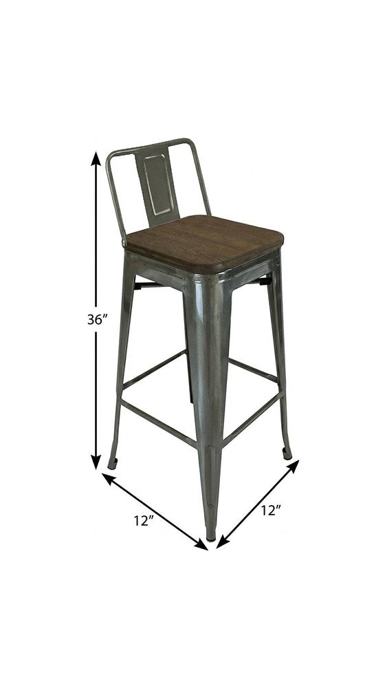 Set of Four 30" Brown And Gray Solid Wood And Metal Low Back Bar Height Bar Chairs HomeRoots