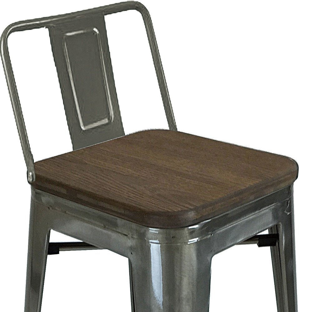 Set of Four 30" Brown And Gray Solid Wood And Metal Low Back Bar Height Bar Chairs HomeRoots