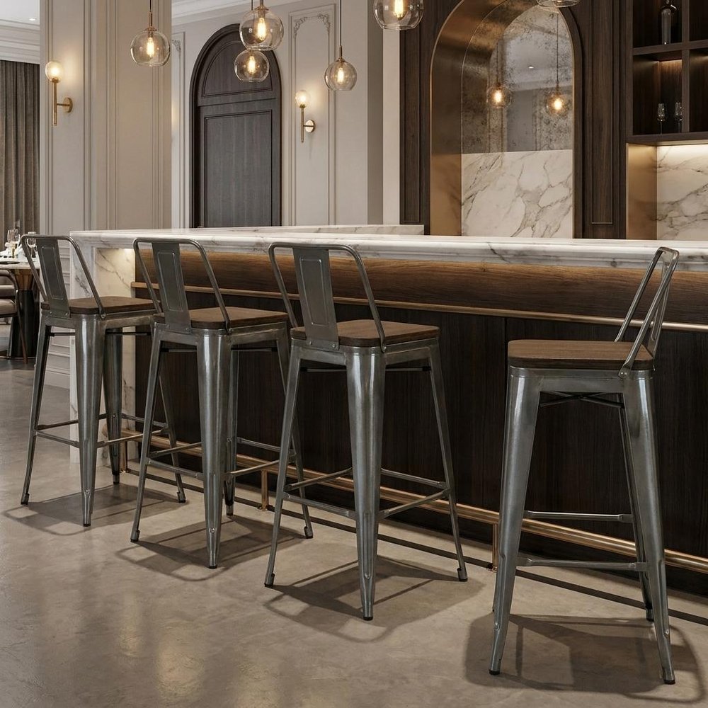Set of Four 30" Brown And Gray Solid Wood And Metal Low Back Bar Height Bar Chairs HomeRoots