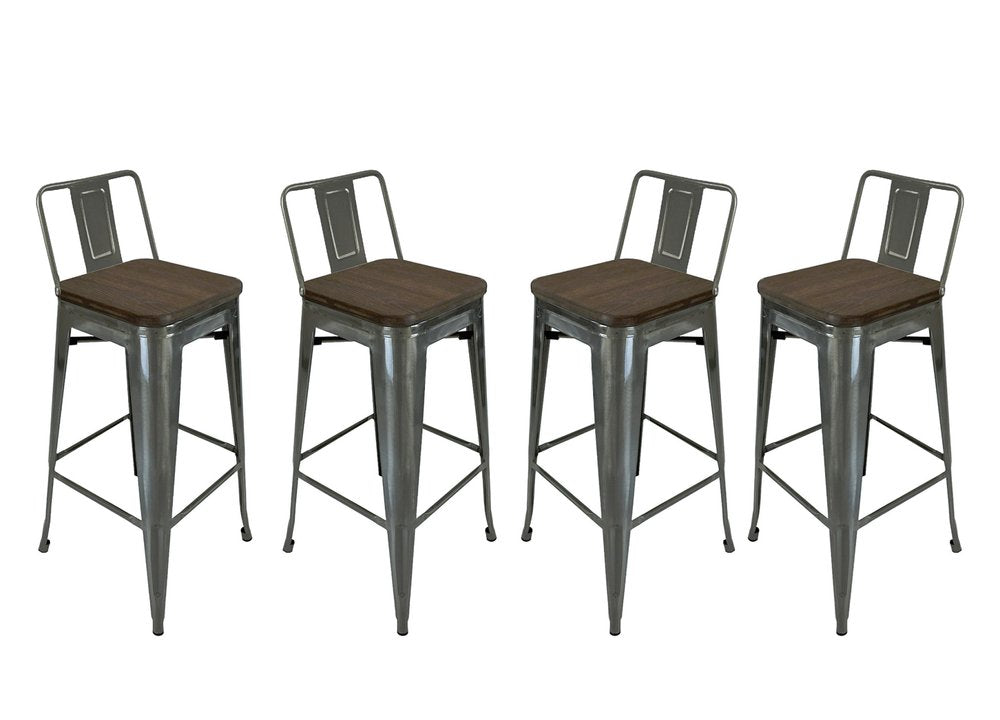 Set of Four 30" Brown And Gray Solid Wood And Metal Low Back Bar Height Bar Chairs HomeRoots