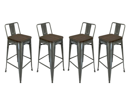 Set of Four 30" Brown And Gray Solid Wood And Metal Low Back Bar Height Bar Chairs HomeRoots