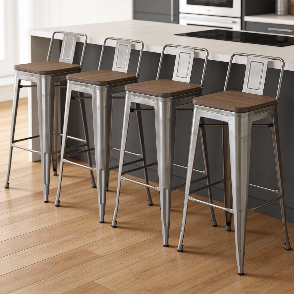 Set of Four 30" Brown and Gray Solid Wood and Metal Low Back Bar Height Bar Chairs HomeRoots