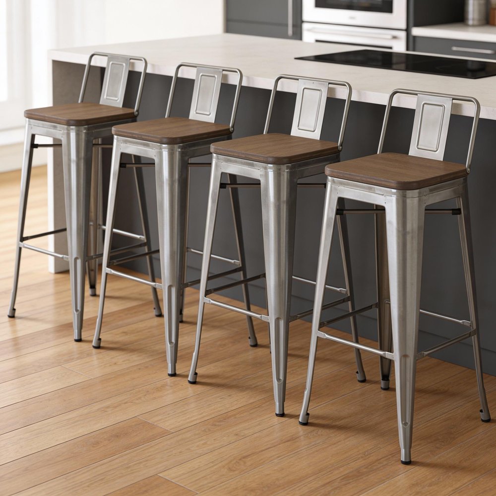 Set of Four 30" Brown And Gray Solid Wood And Metal Low Back Bar Height Bar Chairs HomeRoots