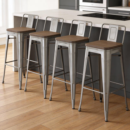 Set of Four 30" Brown And Gray Solid Wood And Metal Low Back Bar Height Bar Chairs HomeRoots