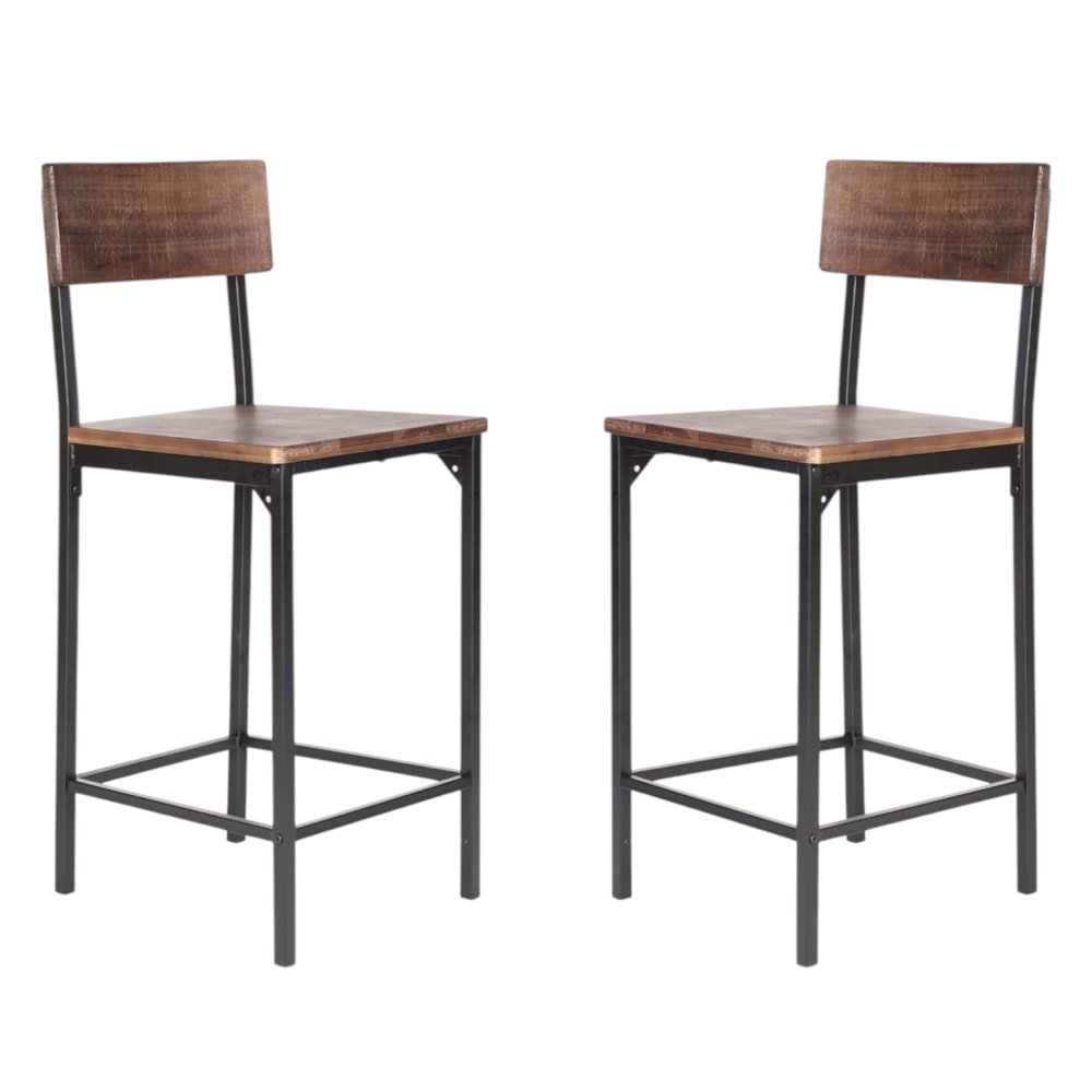 Set of Two 25" Brown And Black Solid Wood And Metal Counter Height Bar Chairs HomeRoots