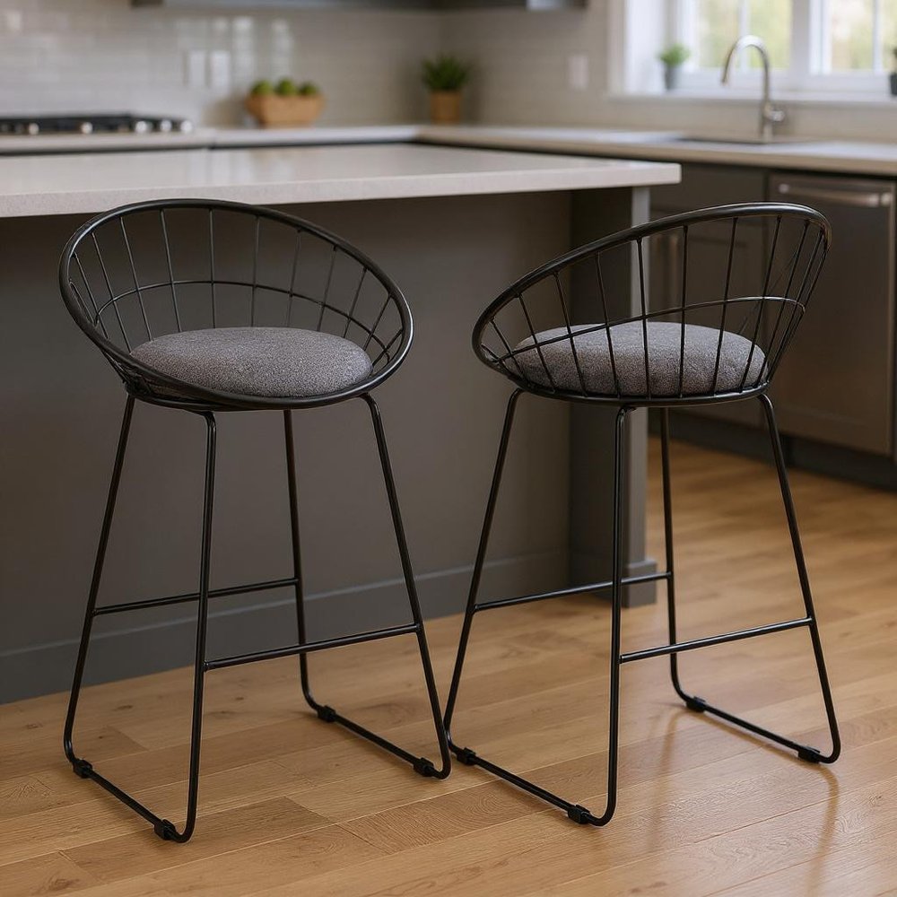 Set of Two 26" Gray And Black Fabric And Metal Low Back Counter Height Bar Chairs HomeRoots