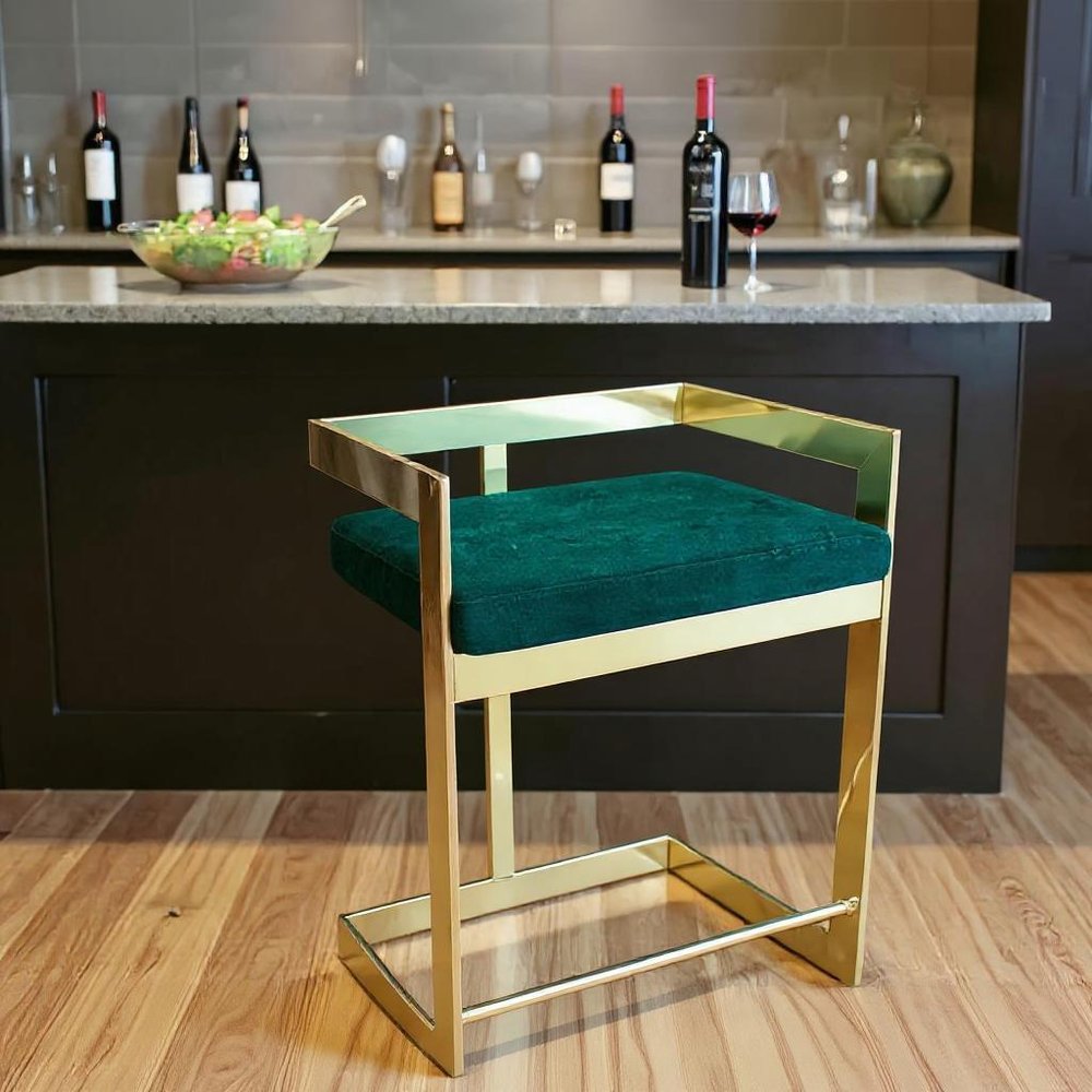 30" Green And Gold Velvet And Metal Low Back Bar Height Bar Chair HomeRoots