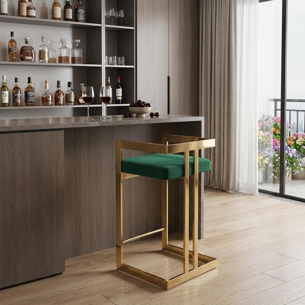 26" Green And Gold Velvet And Steel Backless Bar Height Bar Chair HomeRoots