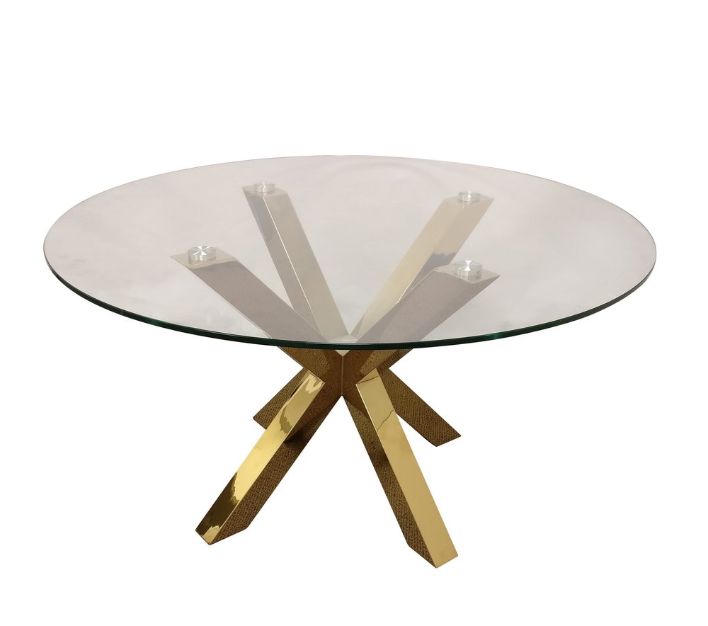 54" Clear and Gold Glass and Metal Cross Leg Base Round Top Dining Table HomeRoots