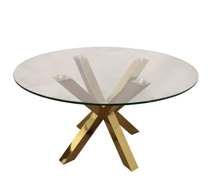 54" Clear and Gold Glass and Metal Cross Leg Base Round Top Dining Table HomeRoots