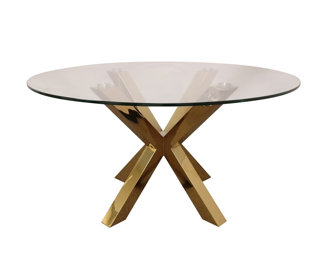 54" Clear and Gold Glass and Metal Cross Leg Base Round Top Dining Table HomeRoots