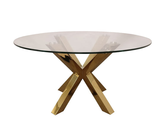 54" Clear and Gold Glass and Metal Cross Leg Base Round Top Dining Table HomeRoots