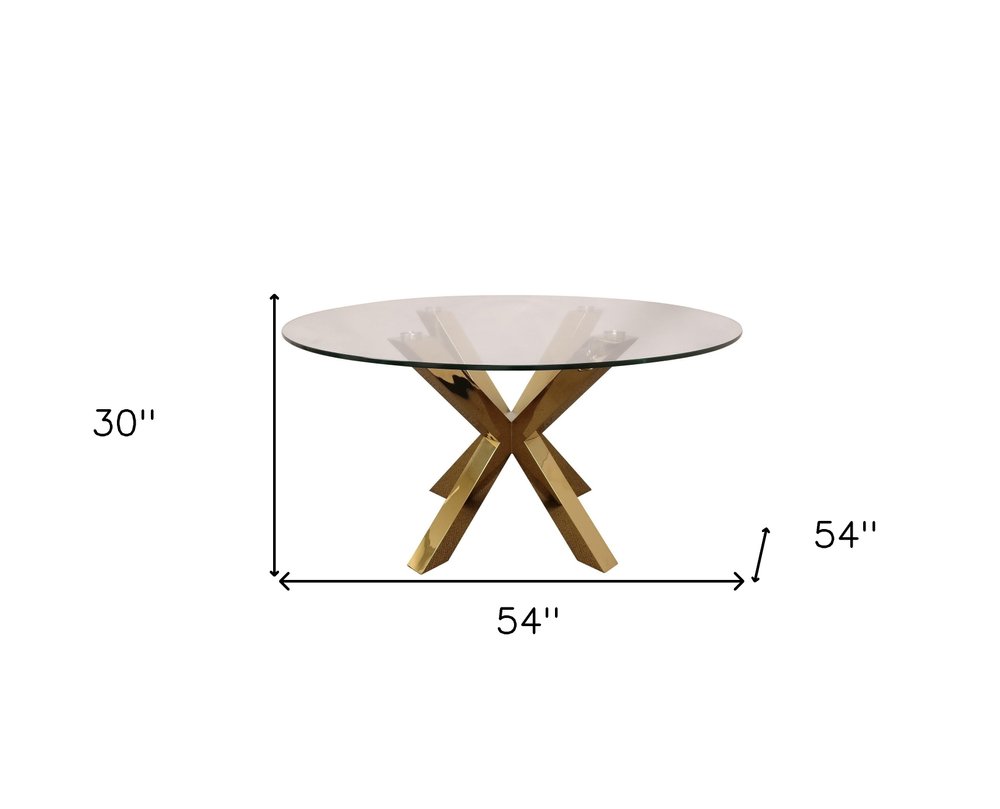 54" Clear and Gold Glass and Metal Cross Leg Base Round Top Dining Table HomeRoots