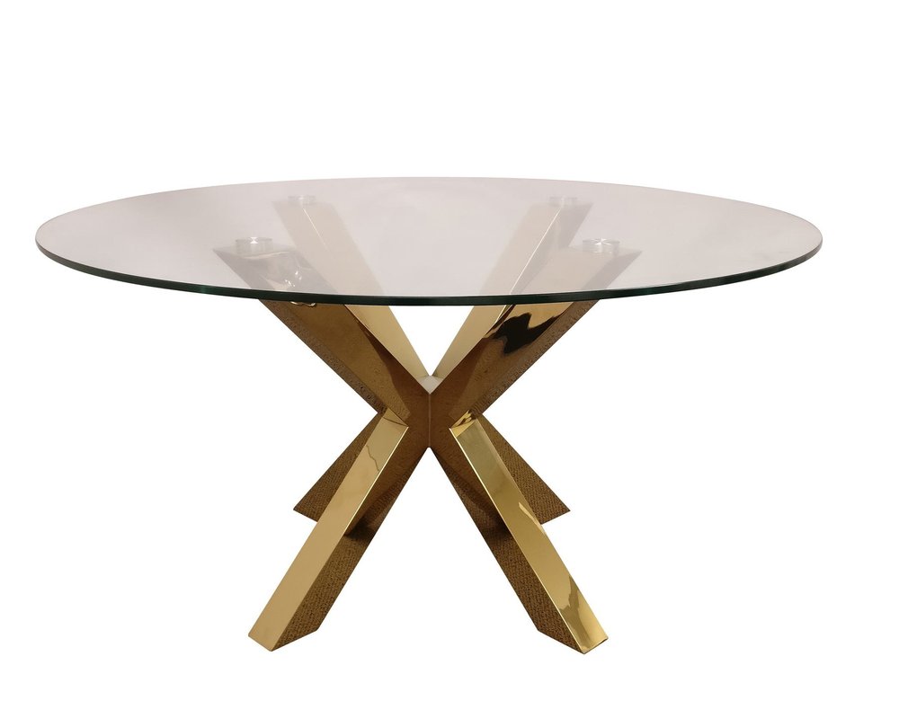 54" Clear and Gold Glass and Metal Cross Leg Base Round Top Dining Table HomeRoots