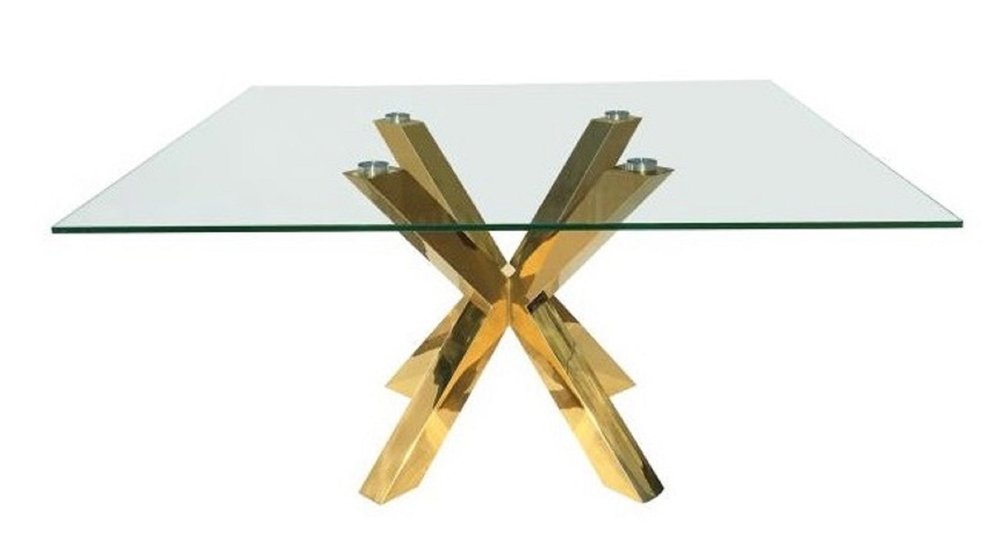 60" Clear and Gold Glass and Metal Cross Leg Base Square Dining Table HomeRoots