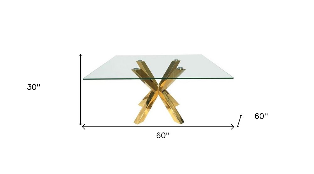 60" Clear and Gold Glass and Metal Cross Leg Base Square Dining Table HomeRoots