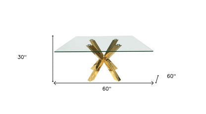 60" Clear and Gold Glass and Metal Cross Leg Base Square Dining Table HomeRoots