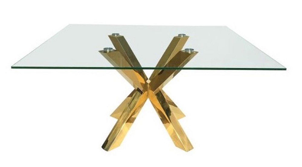 60" Clear and Gold Glass and Metal Cross Leg Base Square Dining Table HomeRoots