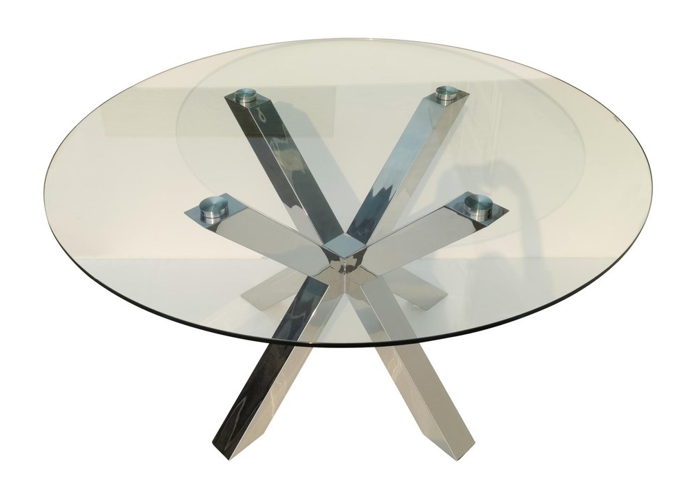 54" Clear and Silver Glass and Metal Cross Leg Base Round Top Dining Table HomeRoots