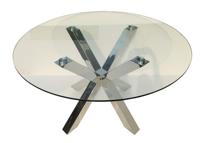 54" Clear and Silver Glass and Metal Cross Leg Base Round Top Dining Table HomeRoots
