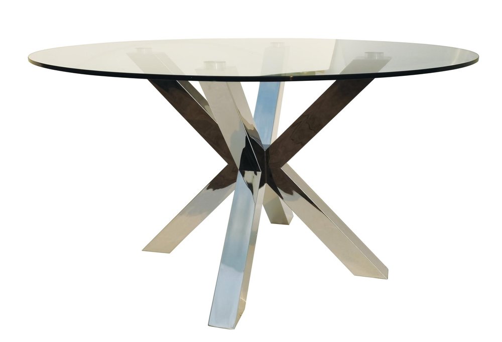 54" Clear and Silver Glass and Metal Cross Leg Base Round Top Dining Table HomeRoots