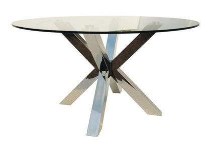 54" Clear and Silver Glass and Metal Cross Leg Base Round Top Dining Table HomeRoots