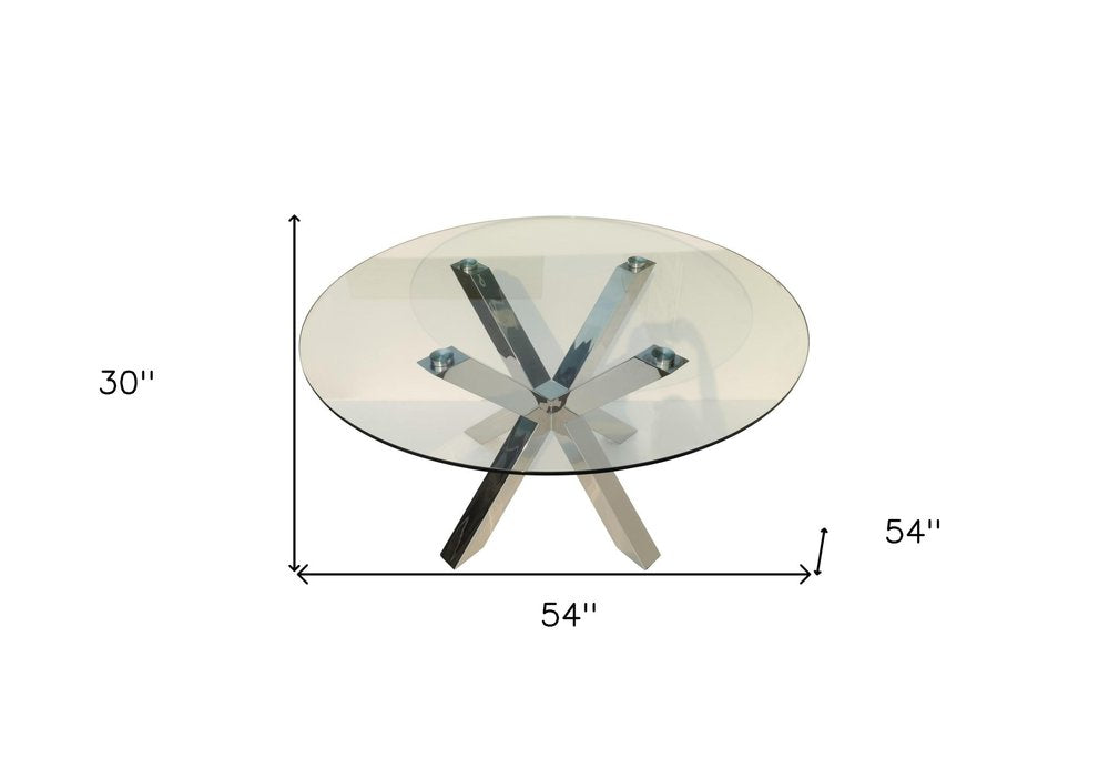 54" Clear and Silver Glass and Metal Cross Leg Base Round Top Dining Table HomeRoots