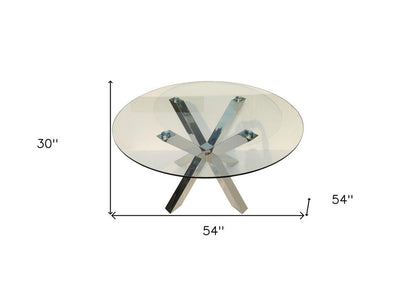 54" Clear and Silver Glass and Metal Cross Leg Base Round Top Dining Table HomeRoots