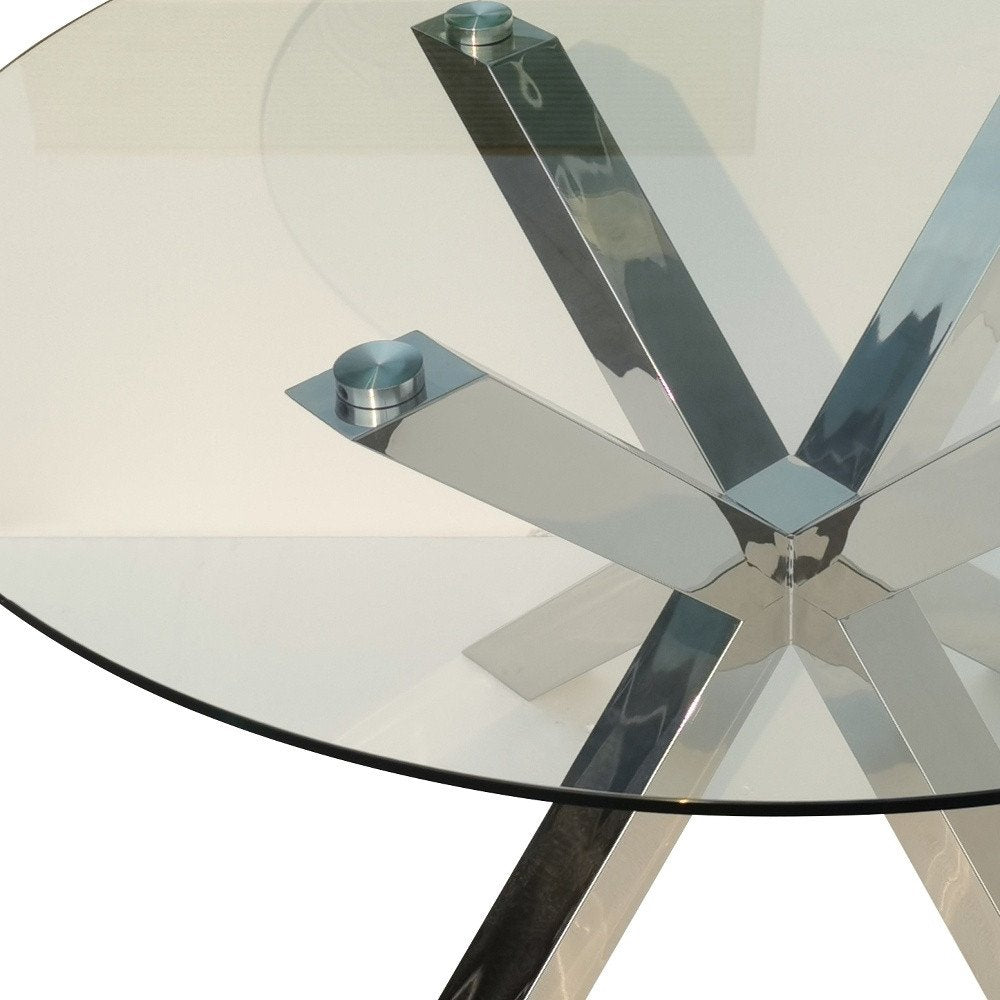 54" Clear and Silver Glass and Metal Cross Leg Base Round Top Dining Table HomeRoots