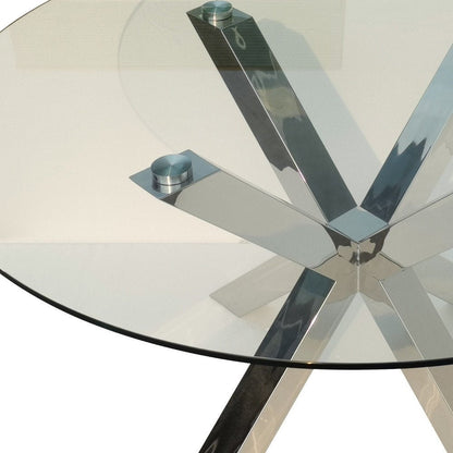 54" Clear and Silver Glass and Metal Cross Leg Base Round Top Dining Table HomeRoots