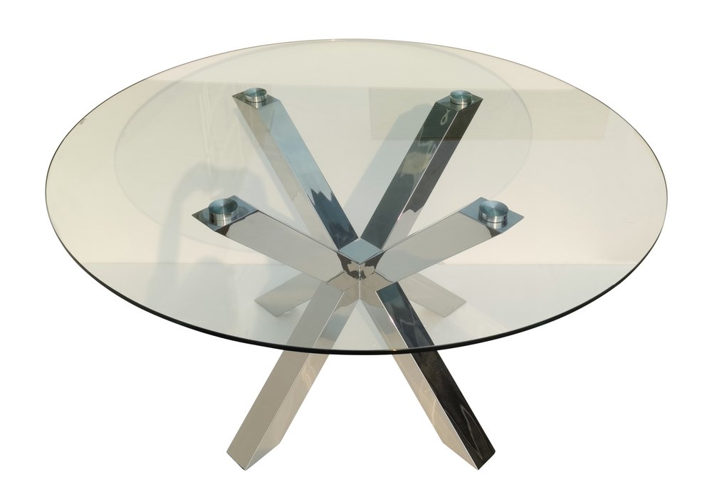 54" Clear and Silver Glass and Metal Cross Leg Base Round Top Dining Table HomeRoots