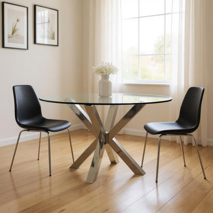 54" Clear and Silver Glass and Metal Cross Leg Base Round Top Dining Table HomeRoots
