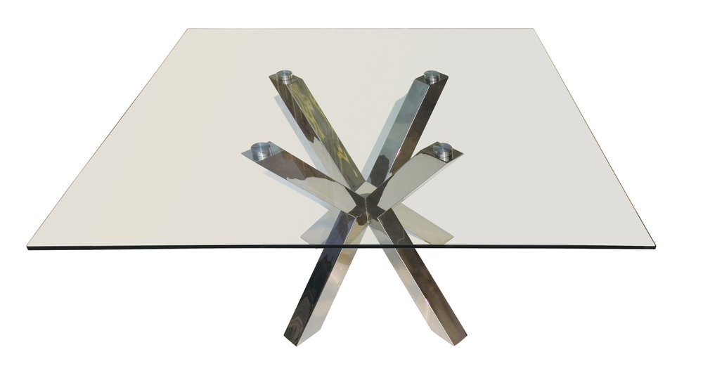 60" Clear and Silver Glass and Metal Cross Leg Base Square Dining Table HomeRoots