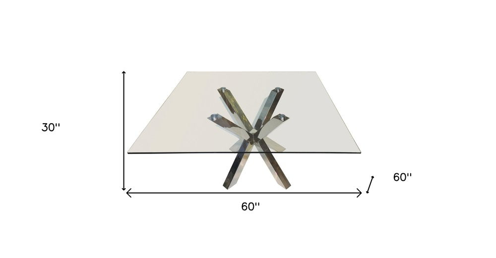 60" Clear and Silver Glass and Metal Cross Leg Base Square Dining Table HomeRoots