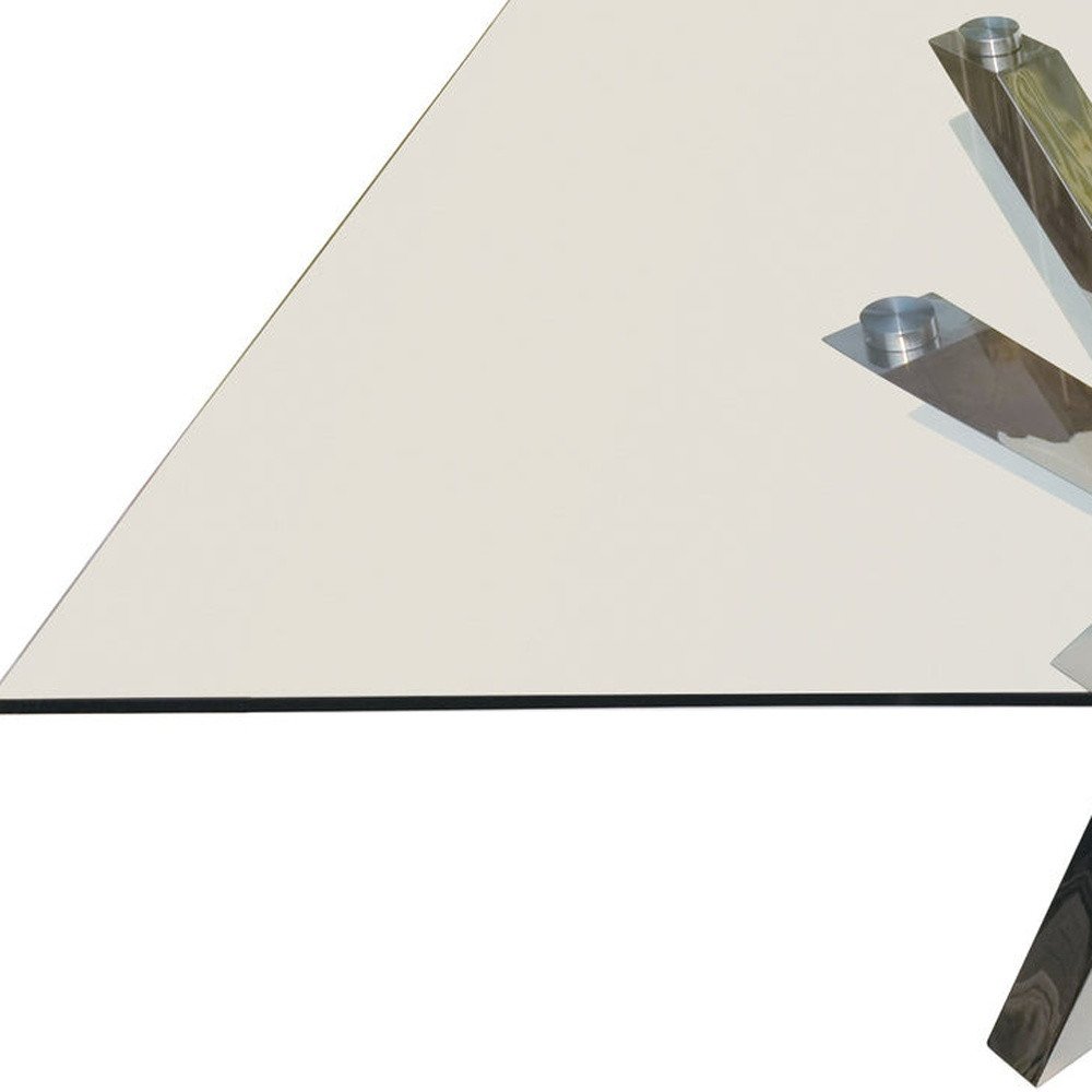 60" Clear and Silver Glass and Metal Cross Leg Base Square Dining Table HomeRoots