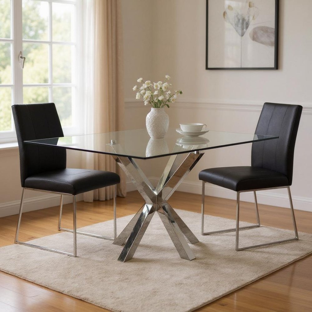 60" Clear and Silver Glass and Metal Cross Leg Base Square Dining Table HomeRoots