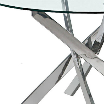 54" Clear and Silver Glass and Metal Cross Leg Base Round Top Dining Table HomeRoots