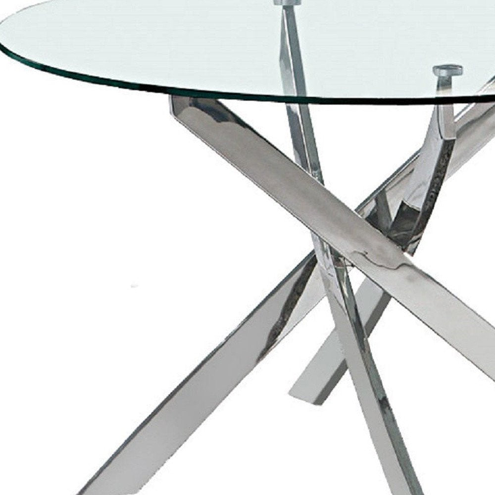54" Clear and Silver Glass and Metal Cross Leg Base Round Top Dining Table HomeRoots