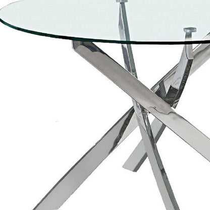 54" Clear and Silver Glass and Metal Cross Leg Base Round Top Dining Table HomeRoots