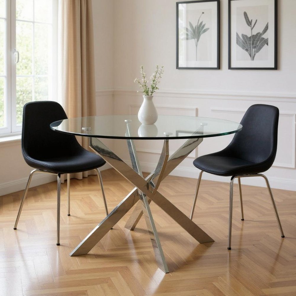 54" Clear and Silver Glass and Metal Cross Leg Base Round Top Dining Table HomeRoots