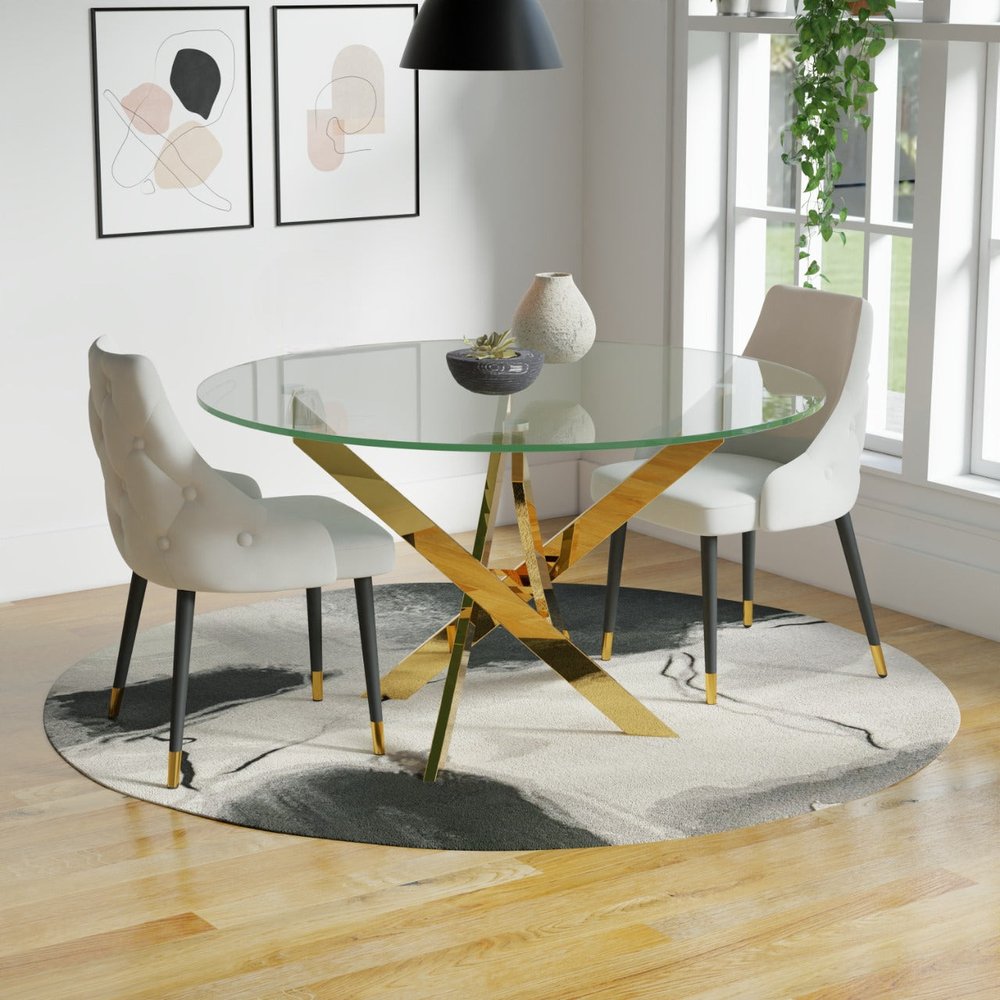 54" Clear and Gold Glass and Metal Cross Leg Base Round Top Dining Table HomeRoots