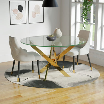 54" Clear and Gold Glass and Metal Cross Leg Base Round Top Dining Table HomeRoots