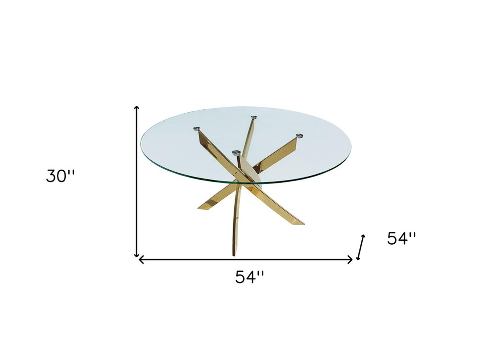 54" Clear and Gold Glass and Metal Cross Leg Base Round Top Dining Table HomeRoots