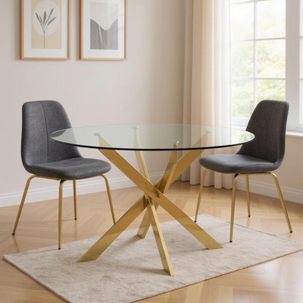 54" Clear and Gold Glass and Metal Cross Leg Base Round Top Dining Table HomeRoots